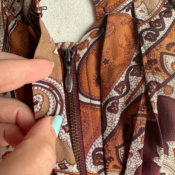PLENTY by Tracy Reese | Boho Silk Brown Paisley Midi Dress | Size Extra Small - Picture 5 of 10